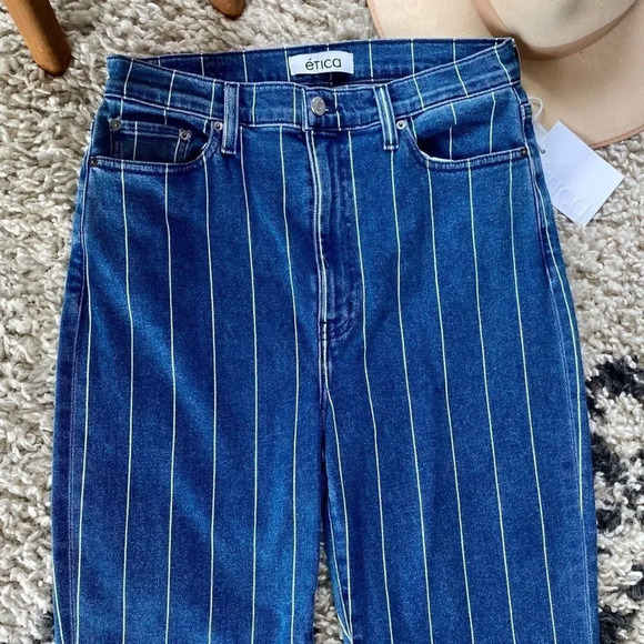New Etica Finn Striped High Rise Straight Leg Cuffed Jeans - Picture 8 of 16